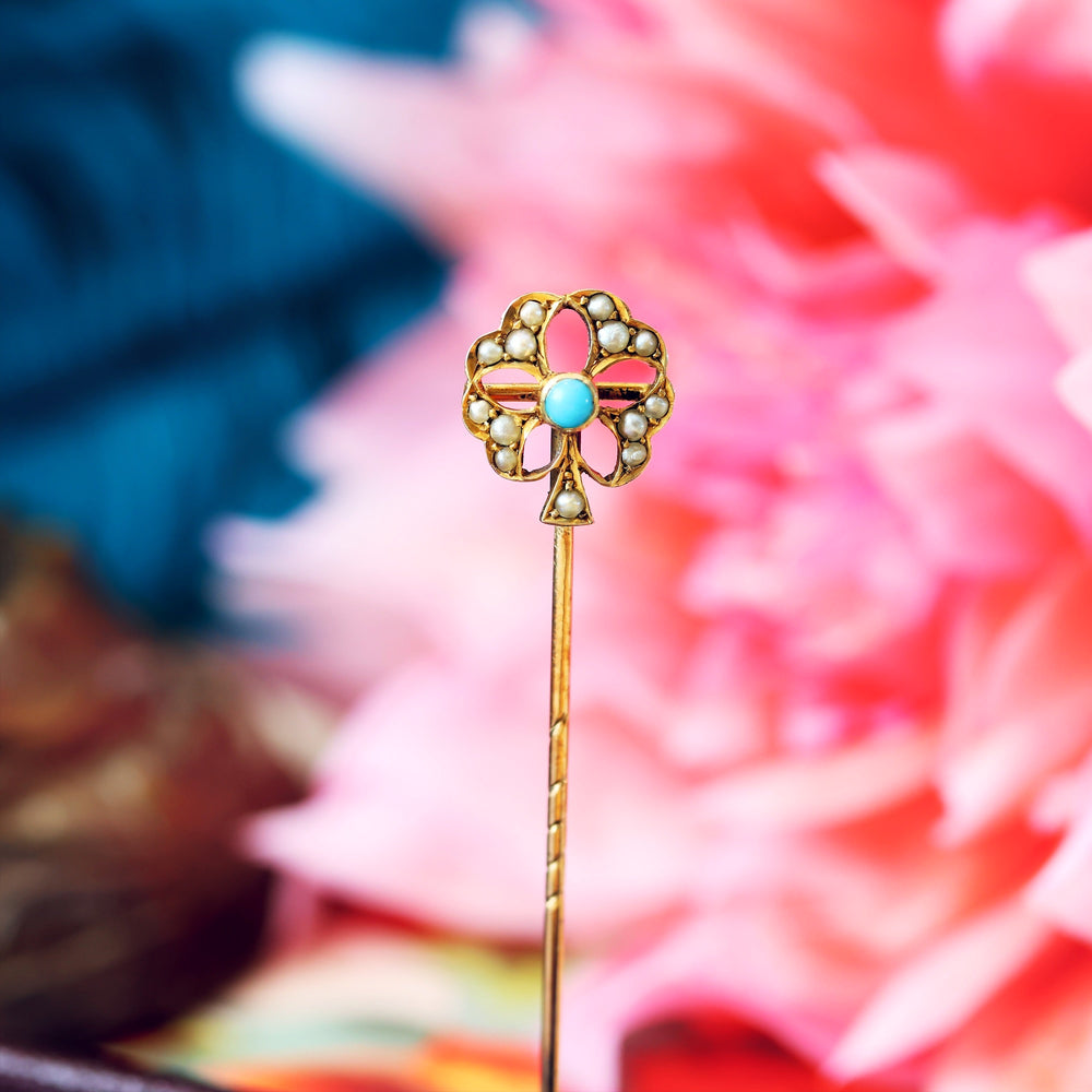 Romantic Antique Victorian Turquoise & Seed Pearl Stick Pin – Fetheray