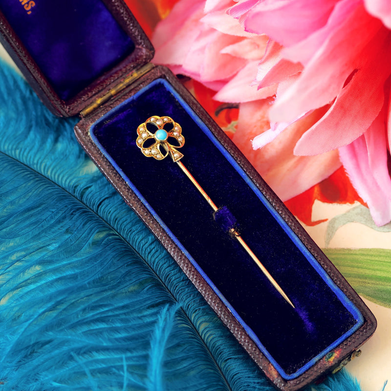 Romantic Antique Victorian Turquoise & Seed Pearl Stick Pin