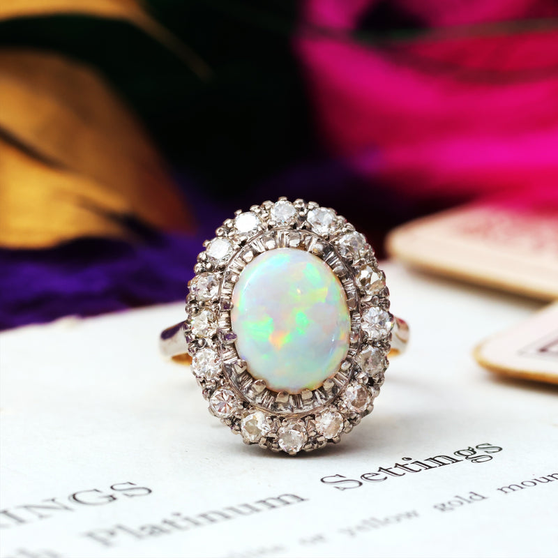 Vintage Glamour! Opal & Diamond Cluster Cocktail Ring