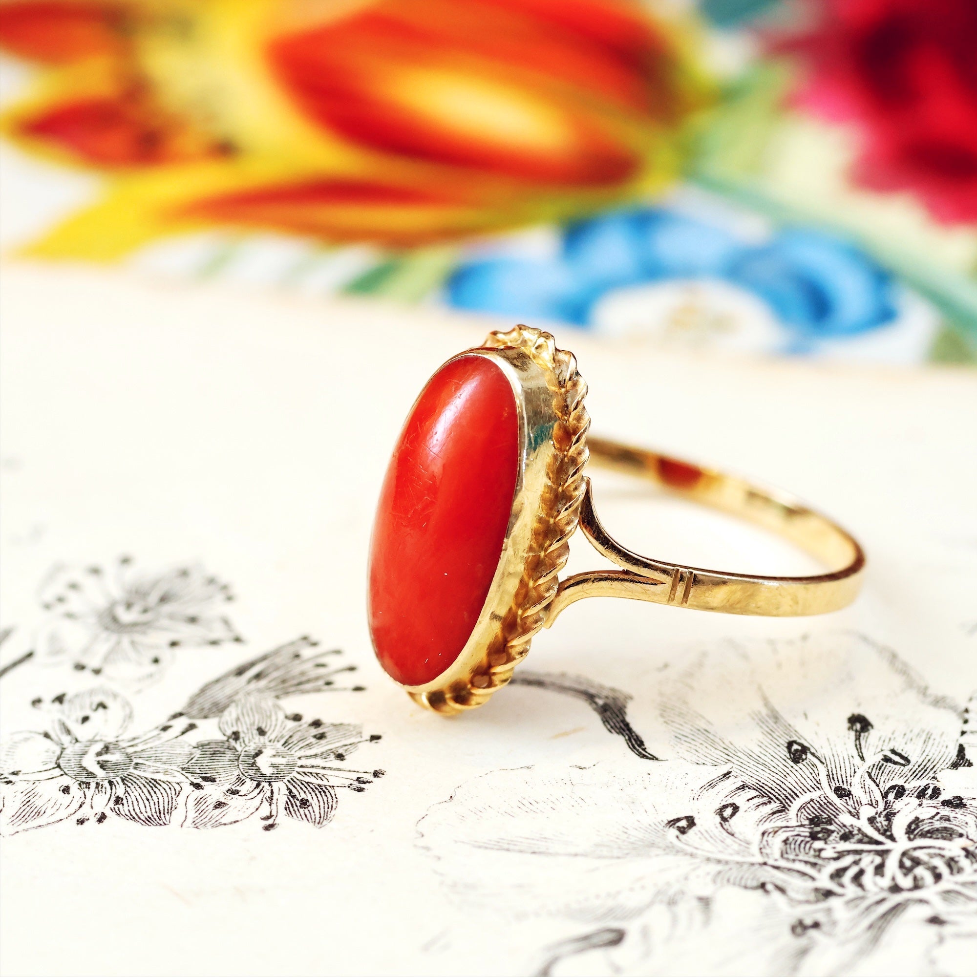 Vintage 14ct Gold Mediterranean Coral Ring Fetheray