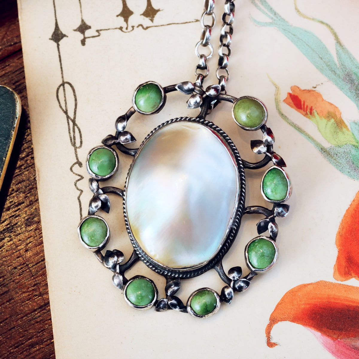 Scarce British Art & Crafts Shell & Turquoise Pendant