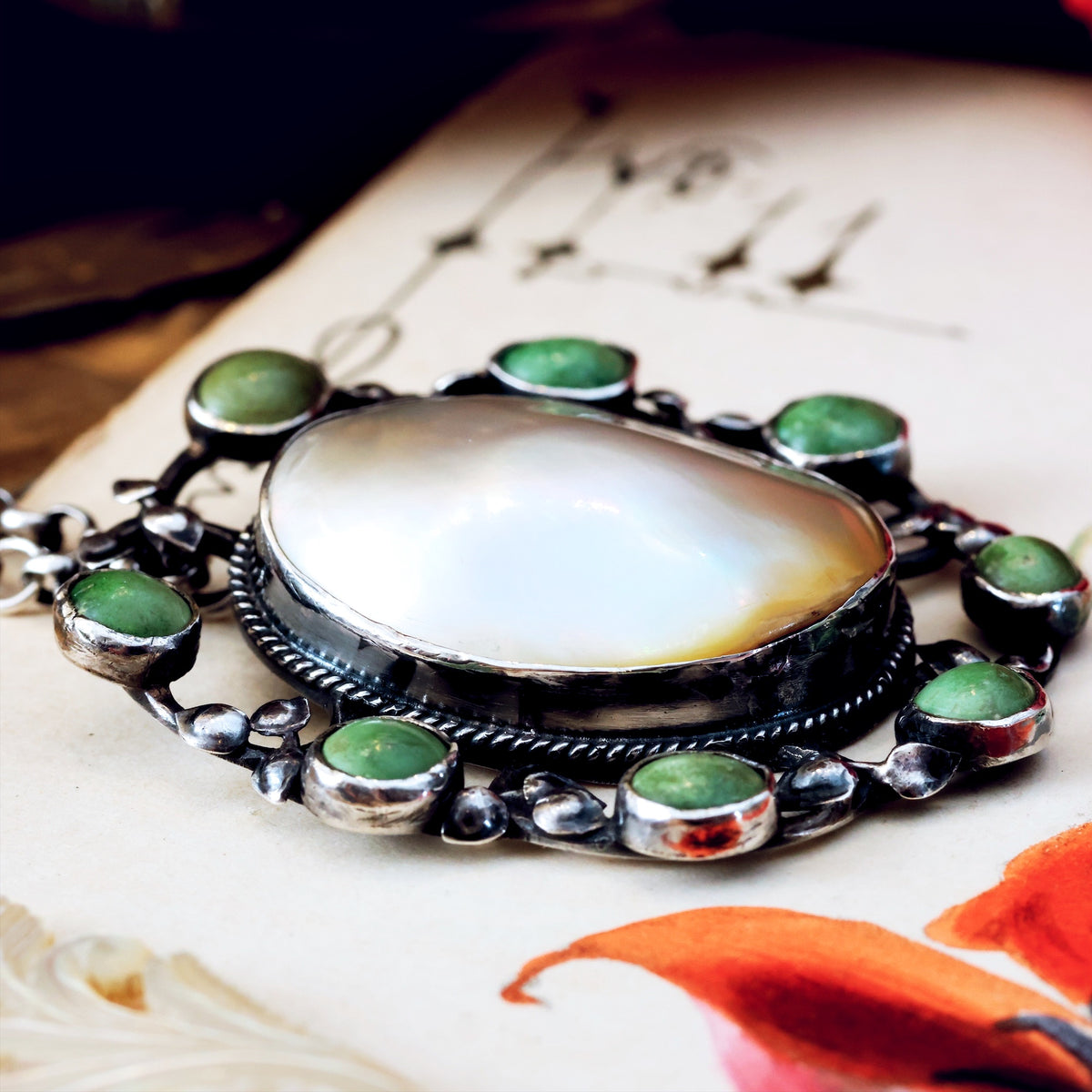 Scarce British Art & Crafts Shell & Turquoise Pendant