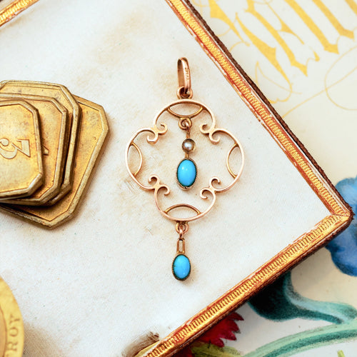 Antique 9ct Gold Turquoise & Seed Pearl Pendant
