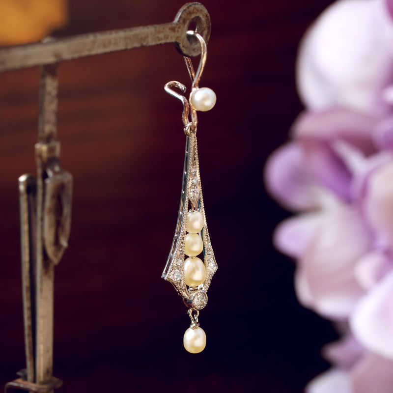 Antique Belle Epoque Natural Pearl & Diamond Earrings