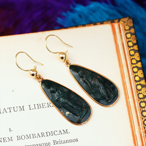 Antique Victorian Carved Bloodstone Goddess Earrings