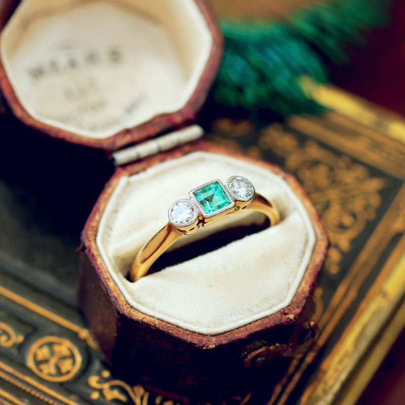 Vintage Emerald & Diamond Trilogy Engagement Ring