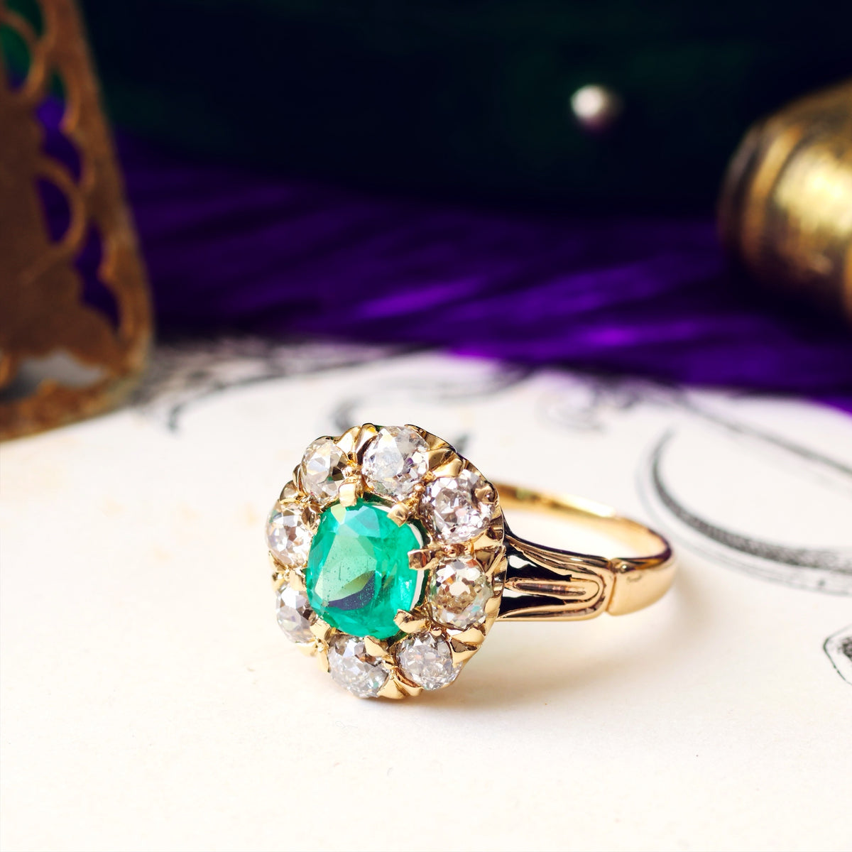 Splendid Antique Emerald & Diamond Engagement Ring