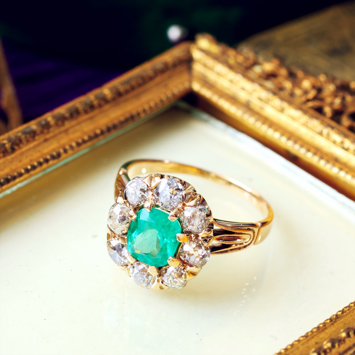 Splendid Antique Emerald & Diamond Engagement Ring