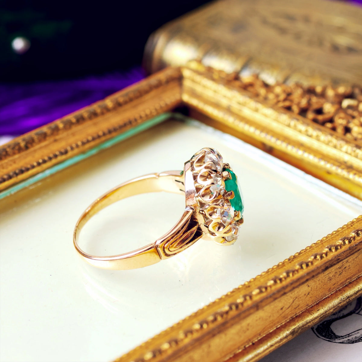Splendid Antique Emerald & Diamond Engagement Ring