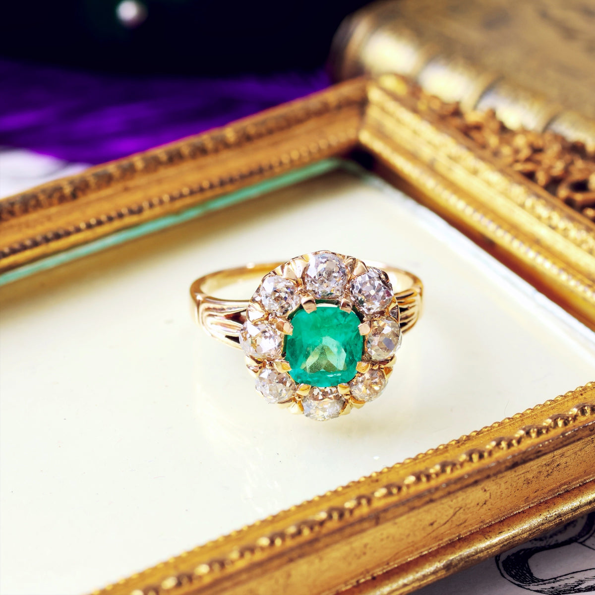 Splendid Antique Emerald & Diamond Engagement Ring