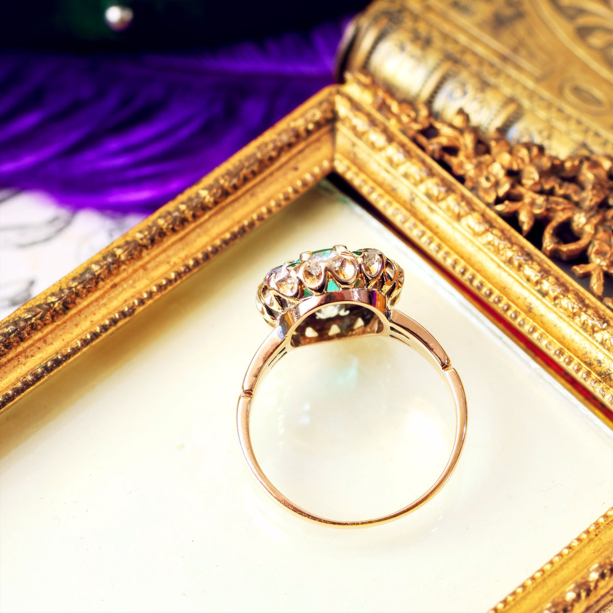 Splendid Antique Emerald & Diamond Engagement Ring