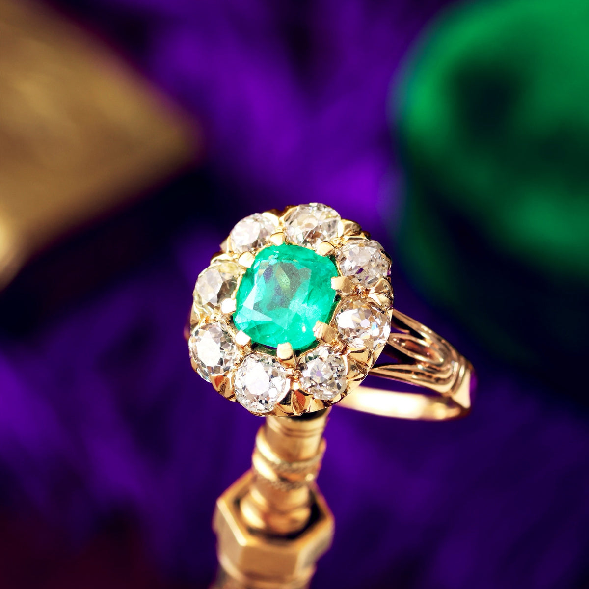Splendid Antique Emerald & Diamond Engagement Ring