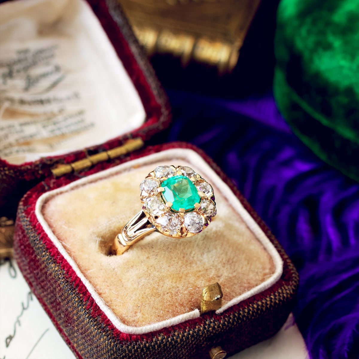 Splendid Antique Emerald & Diamond Engagement Ring