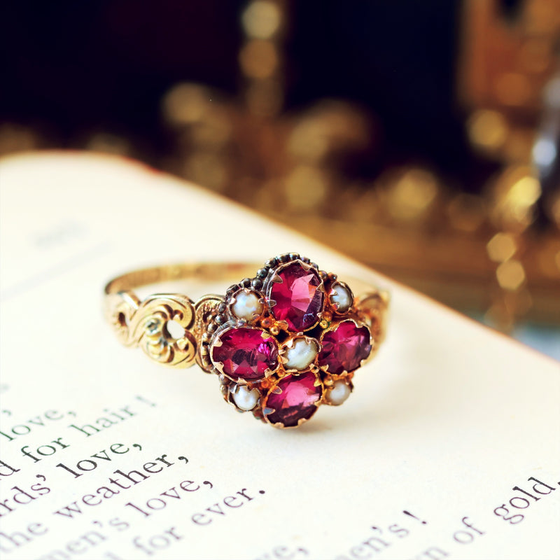 Antique Date 1880 Pink Garnet & Seed Pearl Ring