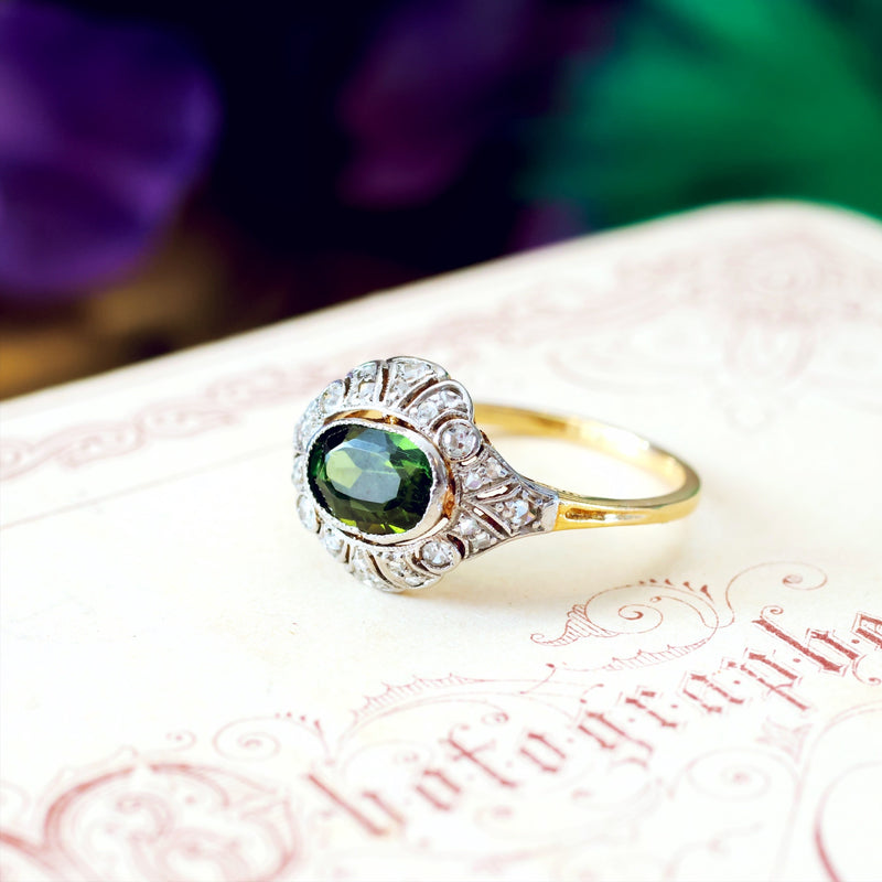 Vintage Green Tourmaline & Diamond Ring