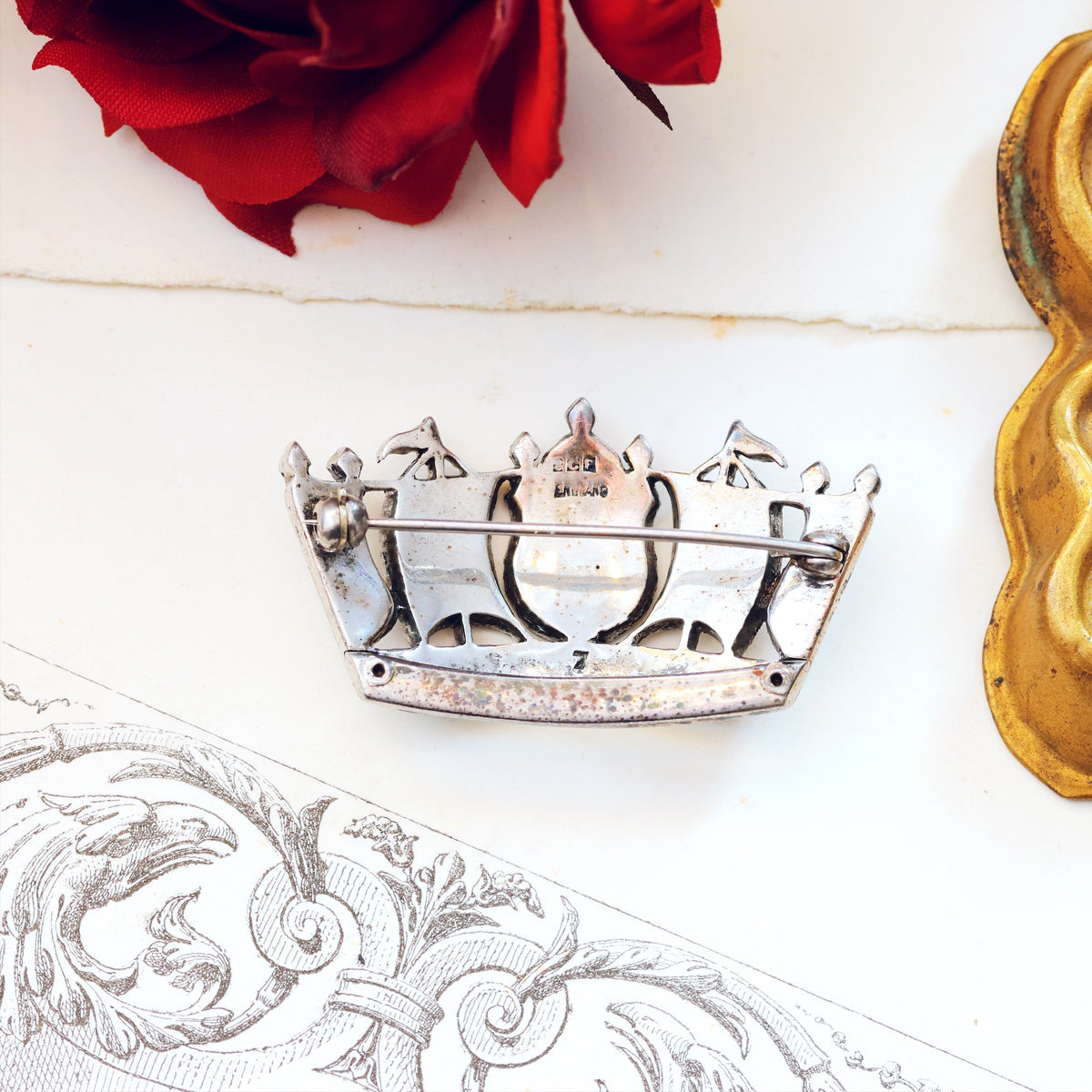 Vintage Silver Paste Royal Navy Crown Brooch