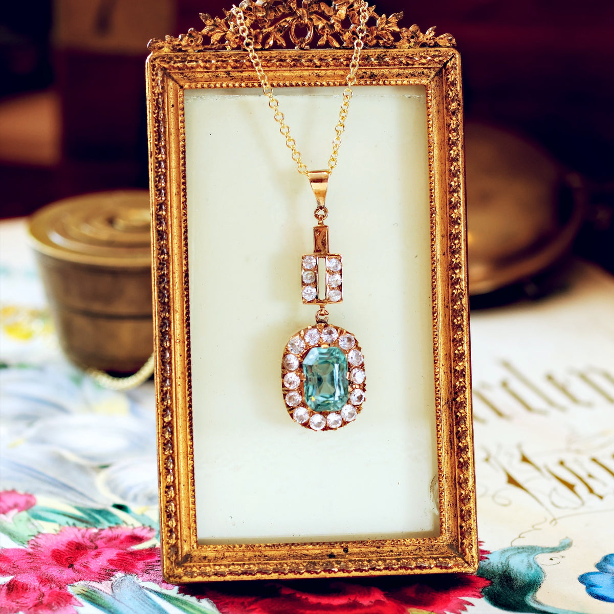Vintage Art Deco Blue Topaz & Zircon Pendant