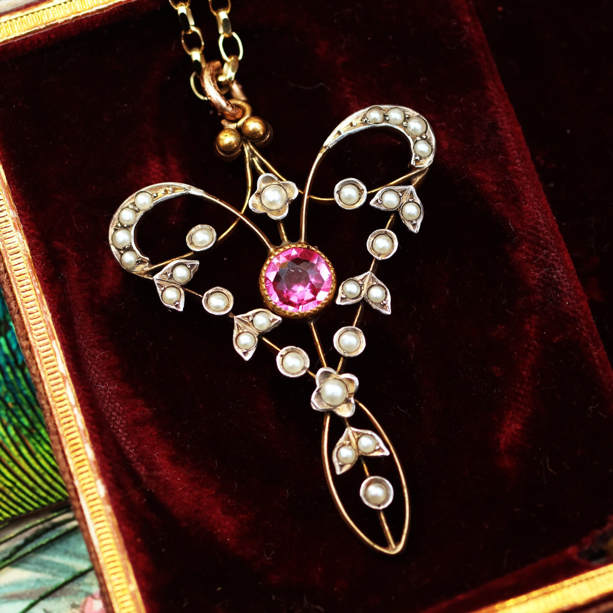 Edwardian Seed Pearl & Pink Paste Pendant & Chain