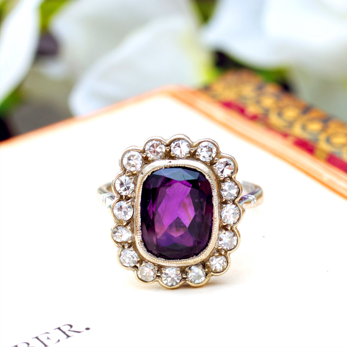 Finest Vintage Amethyst & Diamond Cluster Dress Ring