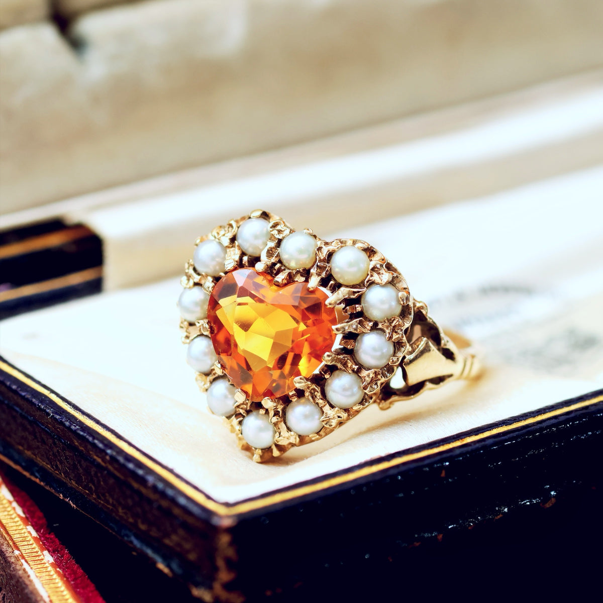 Heart Shaped Gold, Citrine & Pearl Cocktail Ring