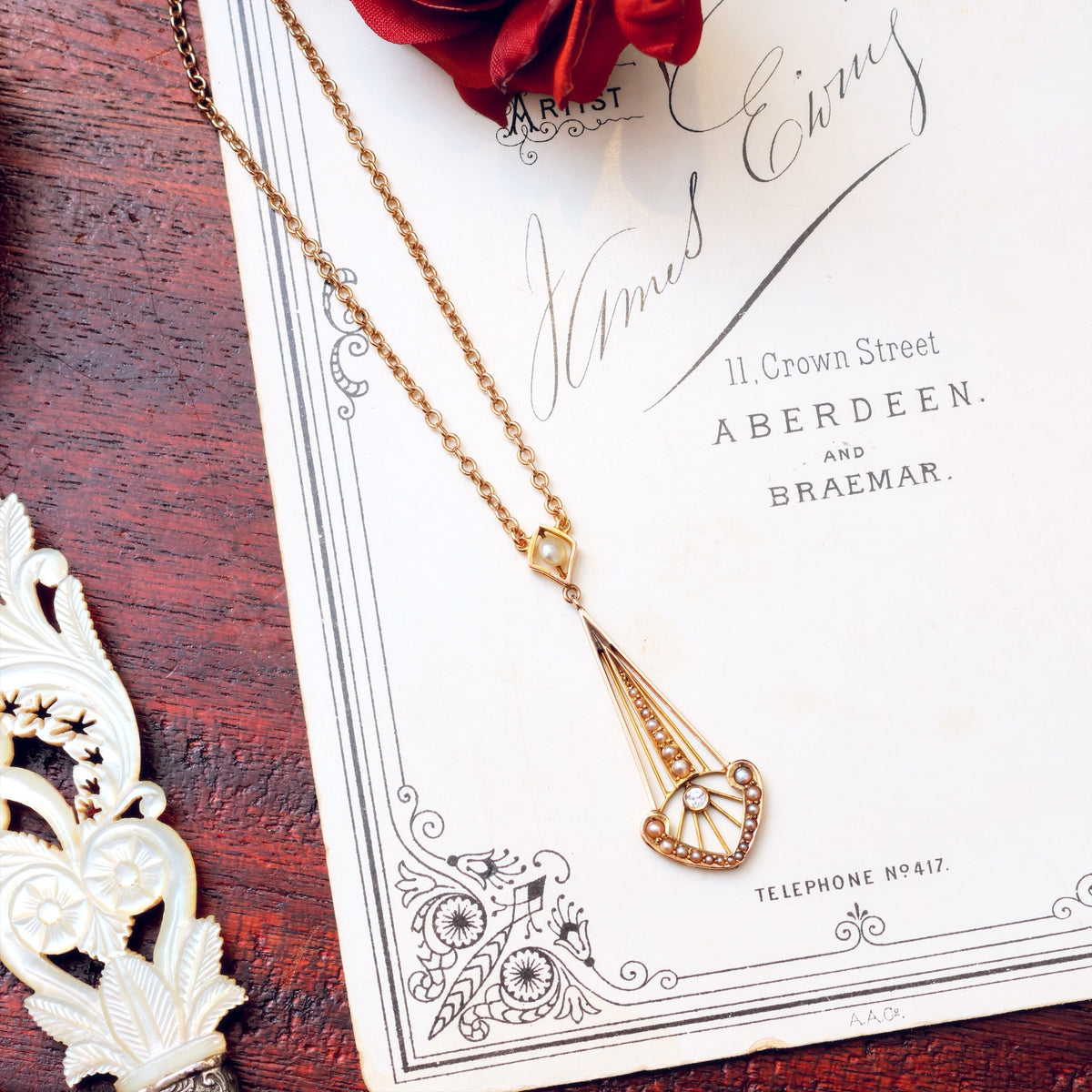 Antique Art Nouveau Diamond & Wild Seed Pearl Pendant
