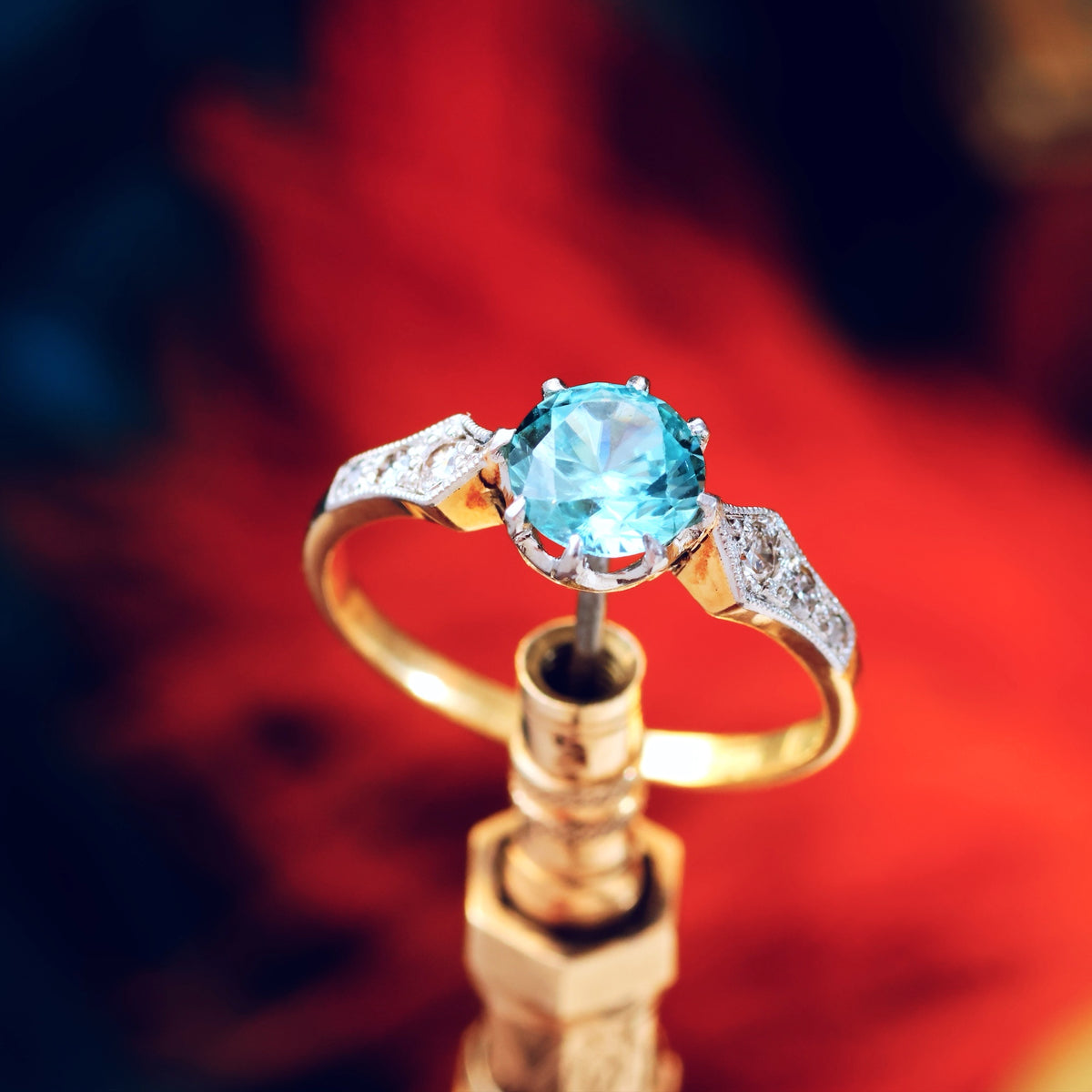Vintage Sparkle! Blue Zircon & Diamond Ring