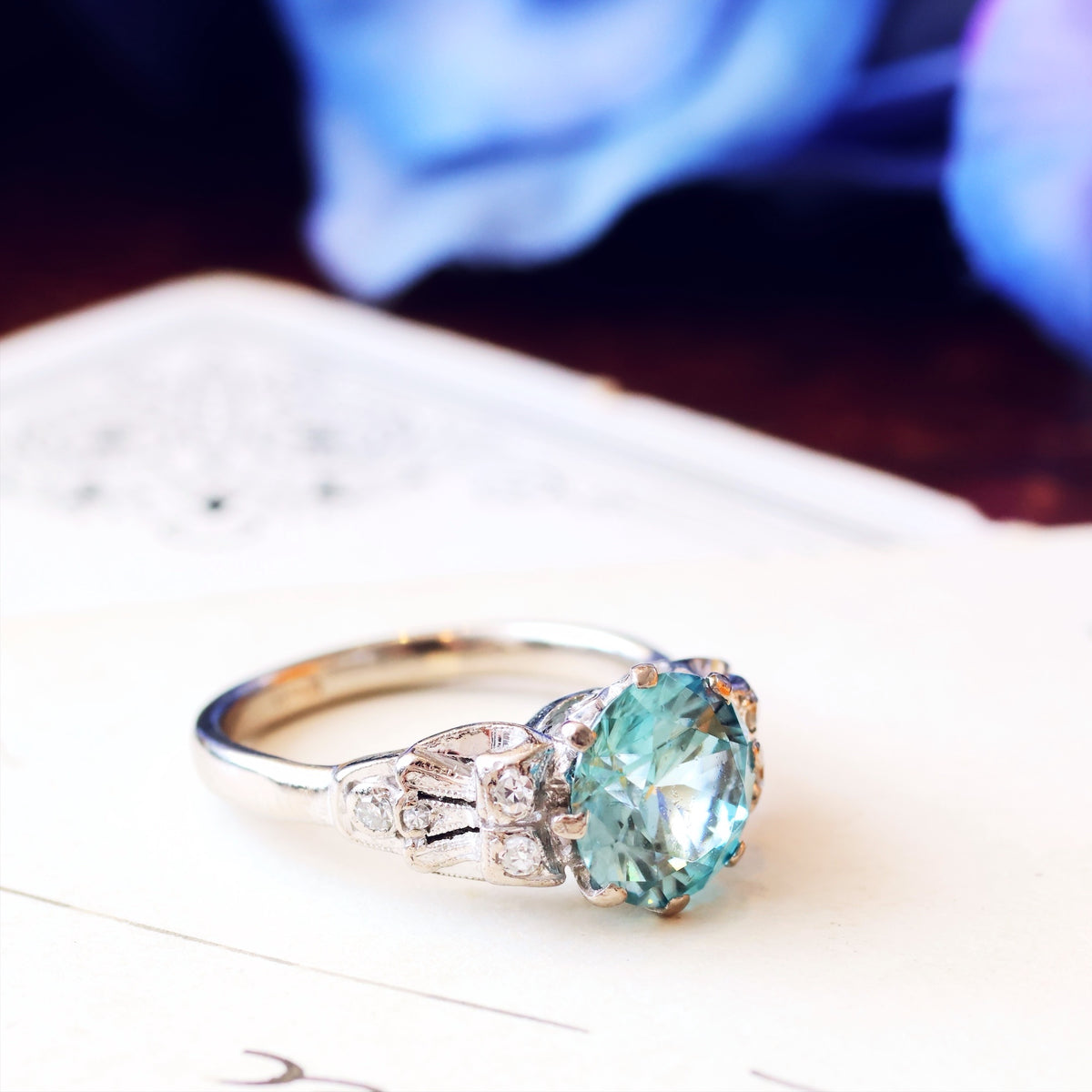 Vintage Art Deco Starlight Blue Zircon Ring
