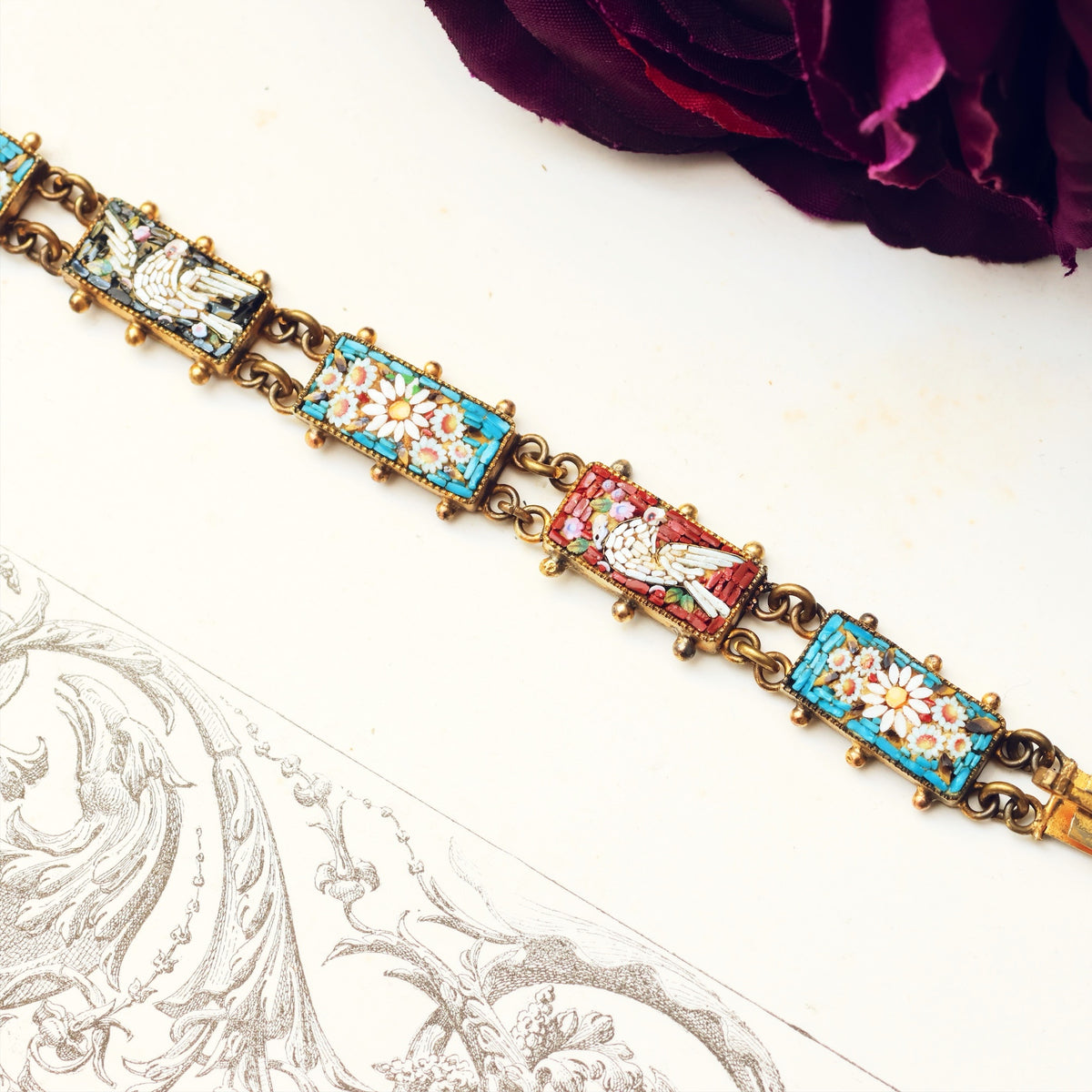 Antique Doves & Flowers Micro Mosaic Bracelet