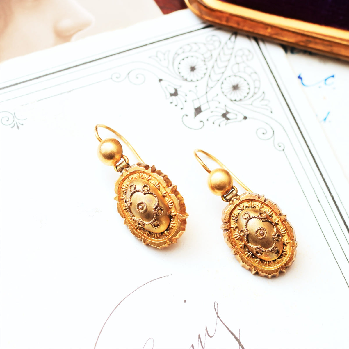 Antique Pinchbeck Etruscan Revival Drop Earrings