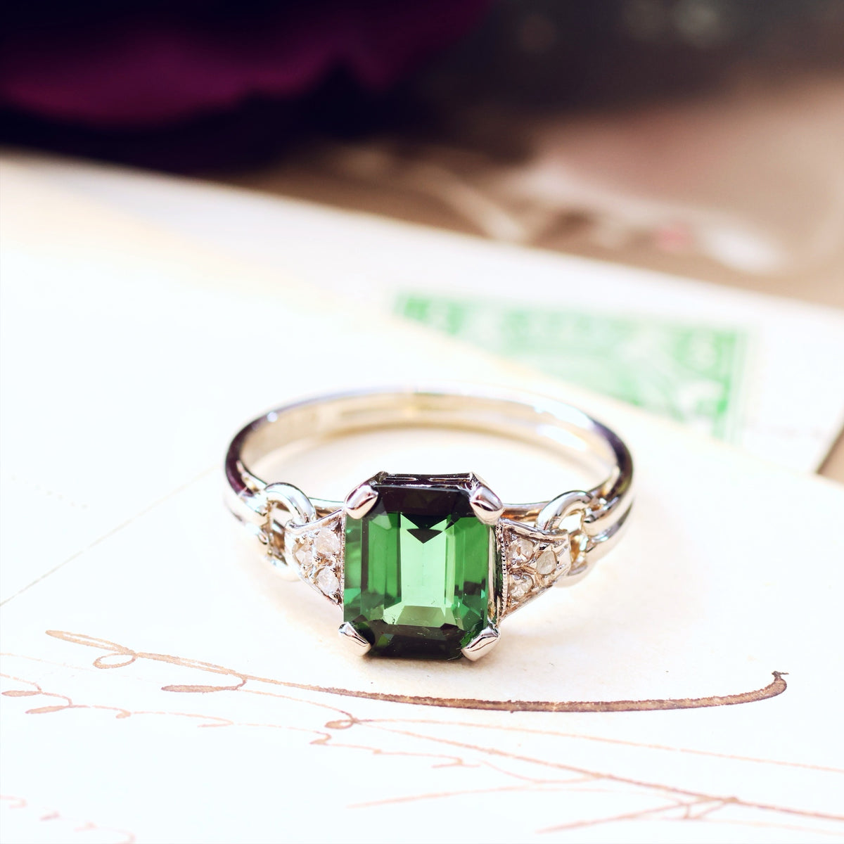 Vintage Green Tourmaline & Diamond Ring