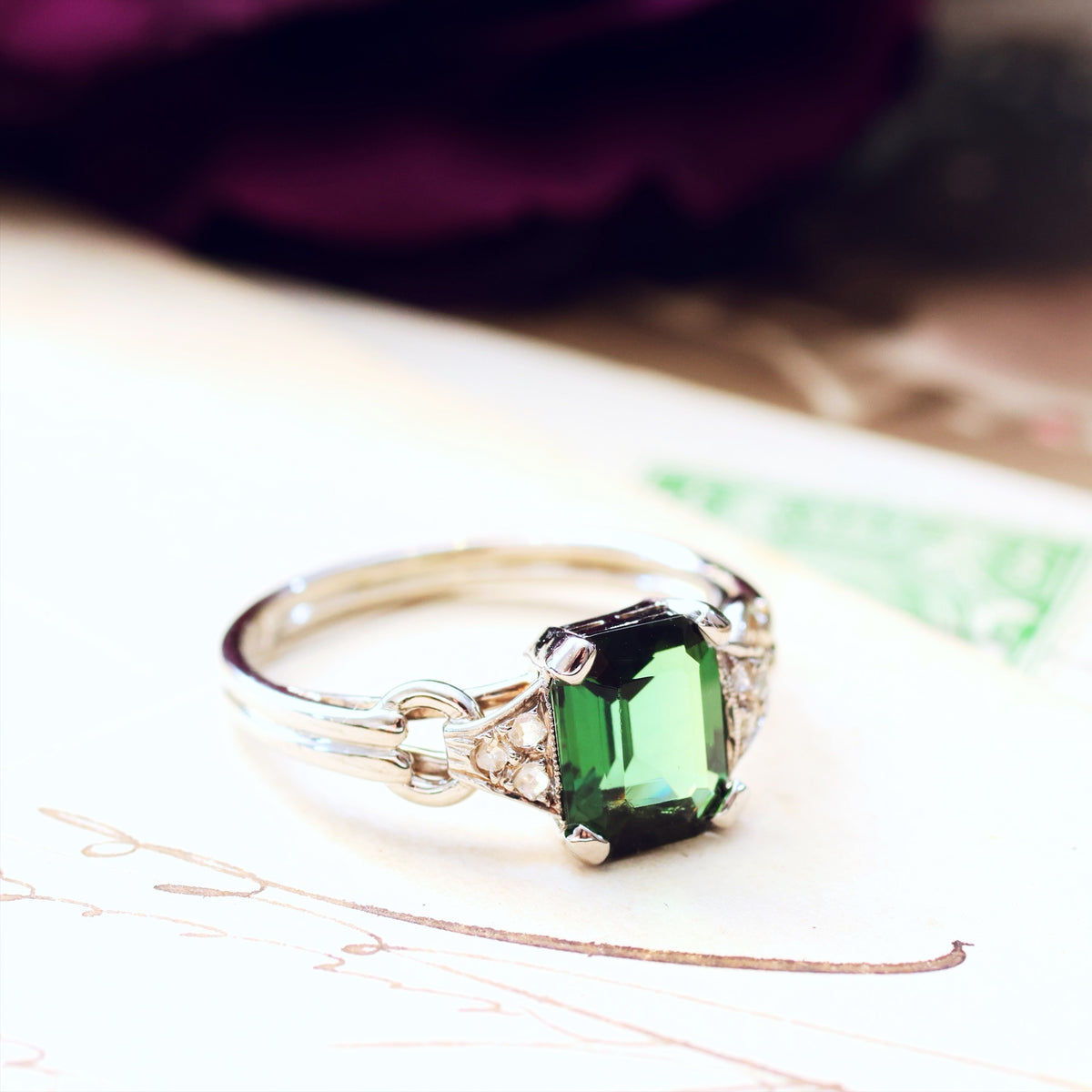 Vintage Green Tourmaline & Diamond Ring