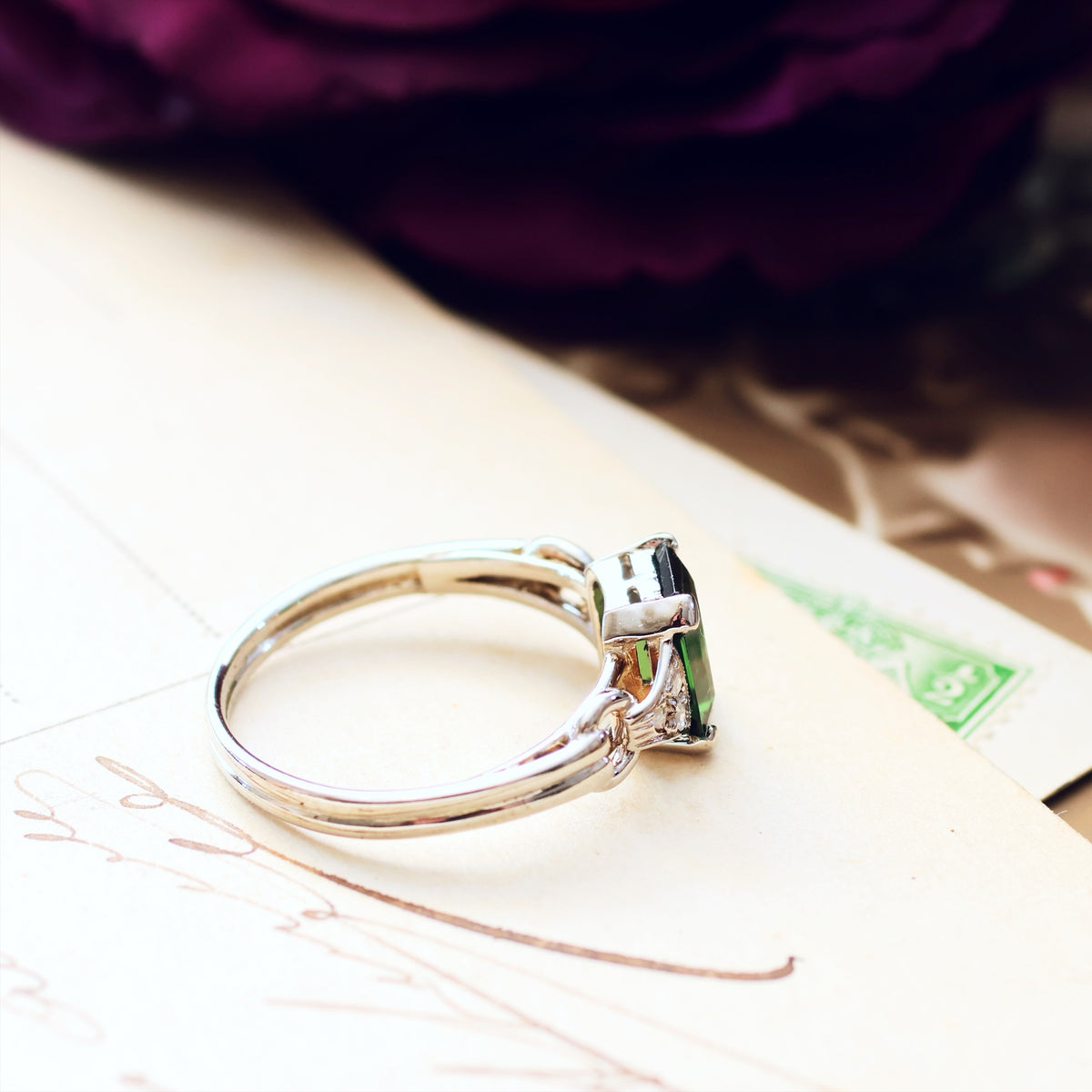 Vintage Green Tourmaline & Diamond Ring