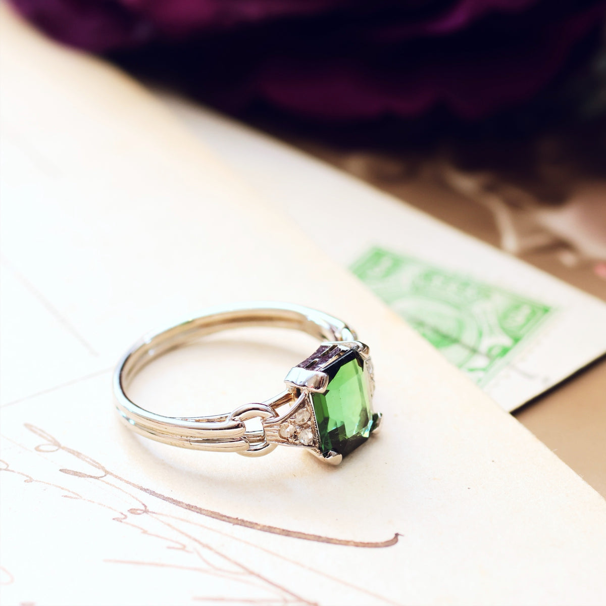 Vintage Green Tourmaline & Diamond Ring