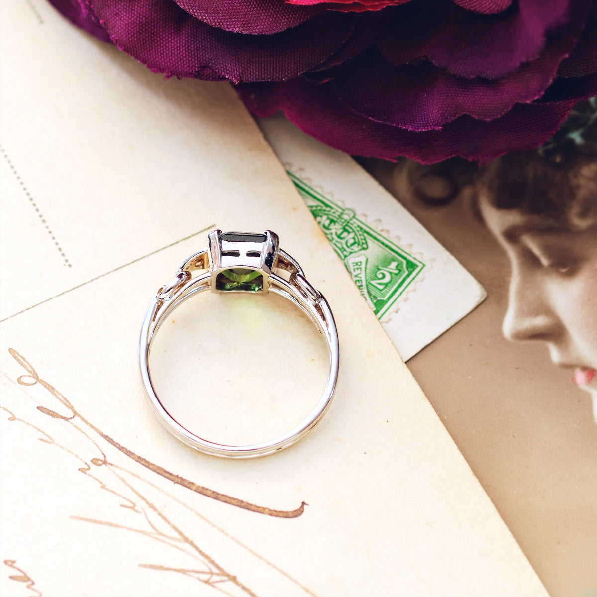 Vintage Green Tourmaline & Diamond Ring