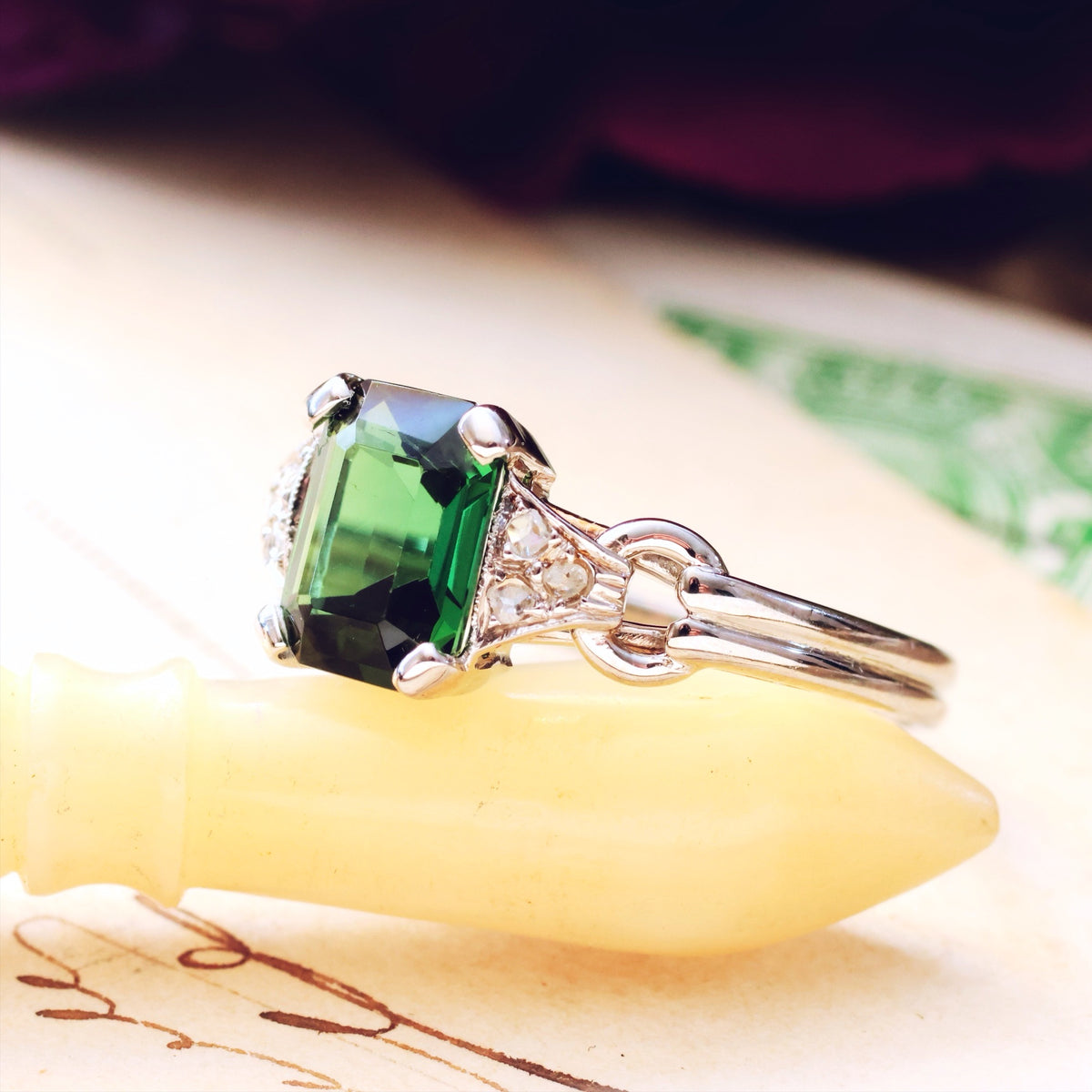 Vintage Green Tourmaline & Diamond Ring