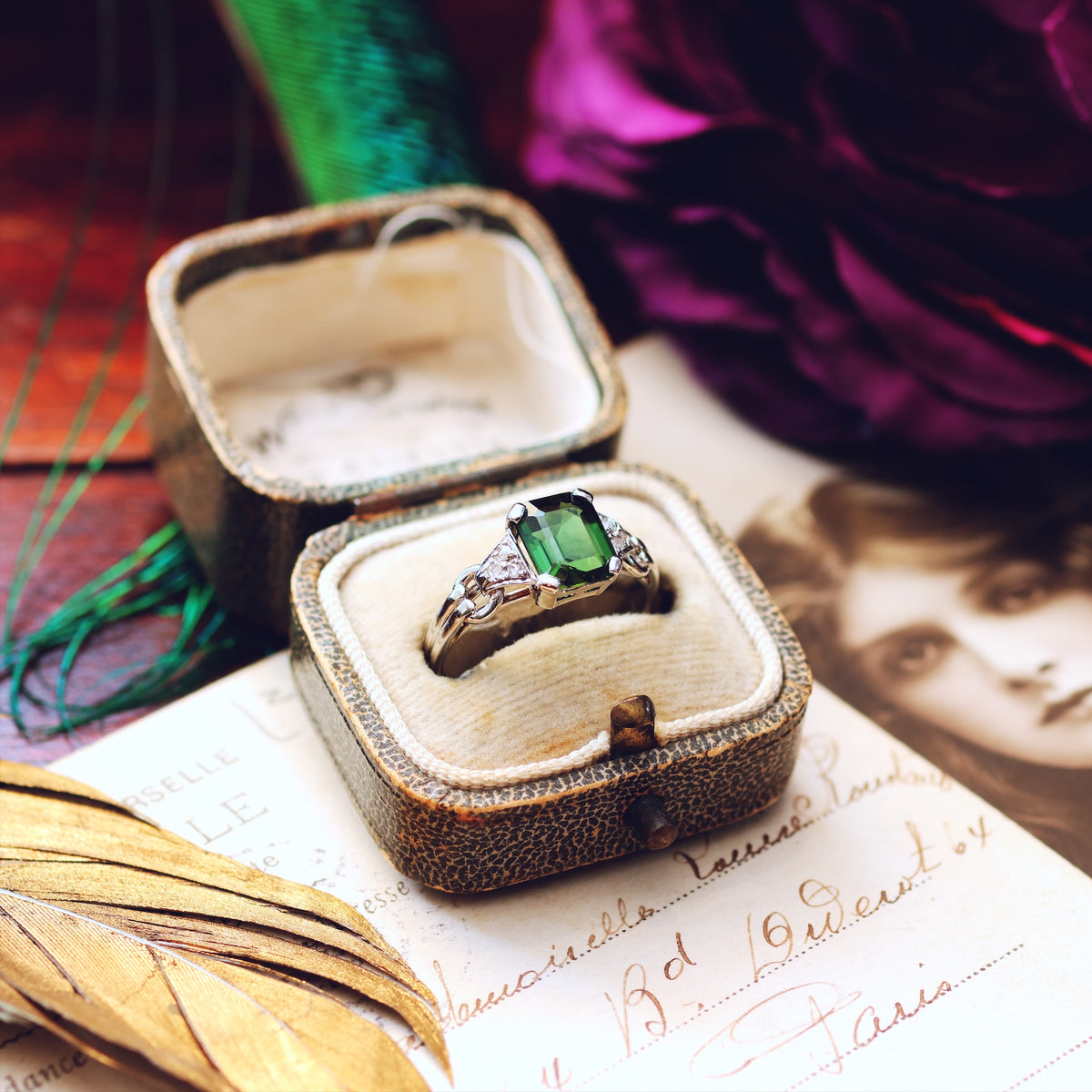 Vintage Green Tourmaline & Diamond Ring