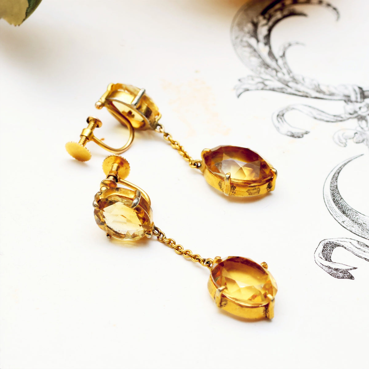 Vintage Glow! Silver Gilt Citrine Drop Earrings