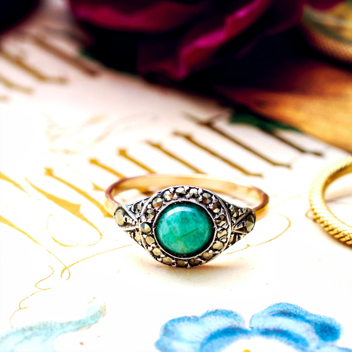 Vintage Art Deco Aventurine & Marcasite Ring