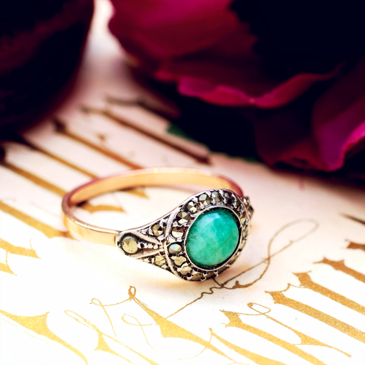 Vintage Art Deco Aventurine & Marcasite Ring
