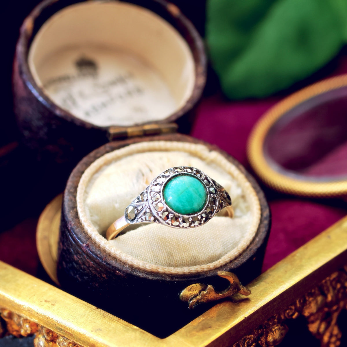 Vintage Art Deco Aventurine & Marcasite Ring