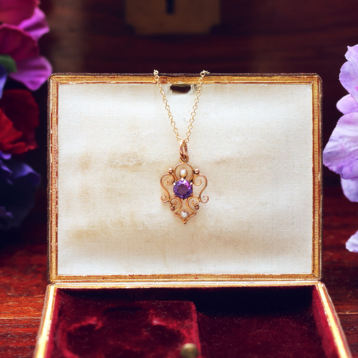 Amethyst & Seed Pearl Gold Pendant