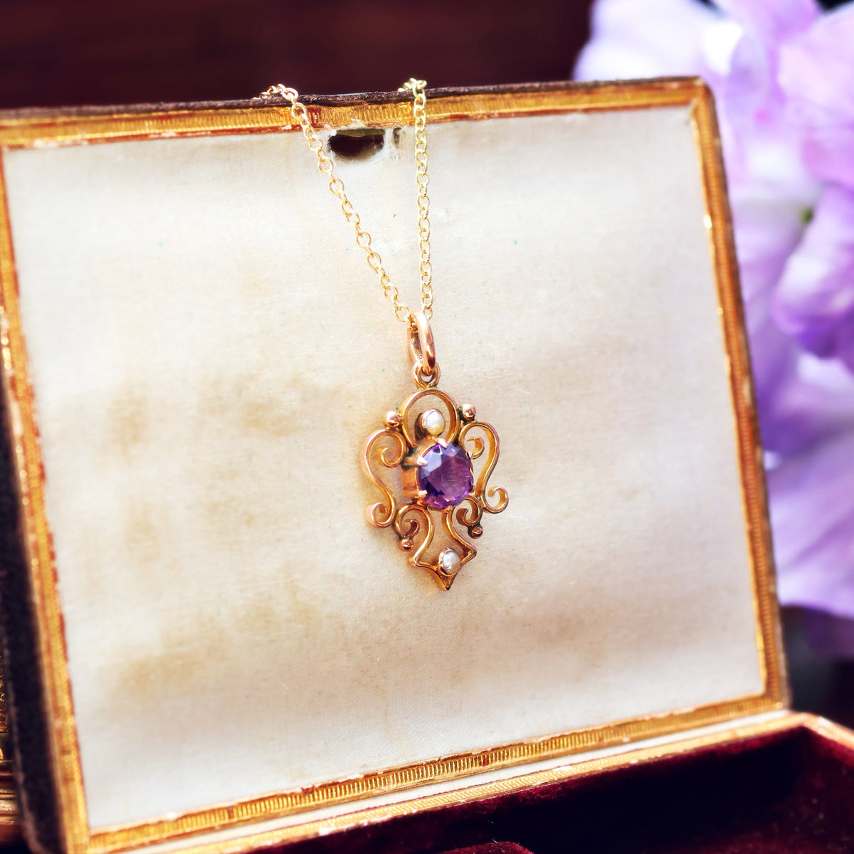 Vintage Amethyst & Seed Pearl Gold Pendant