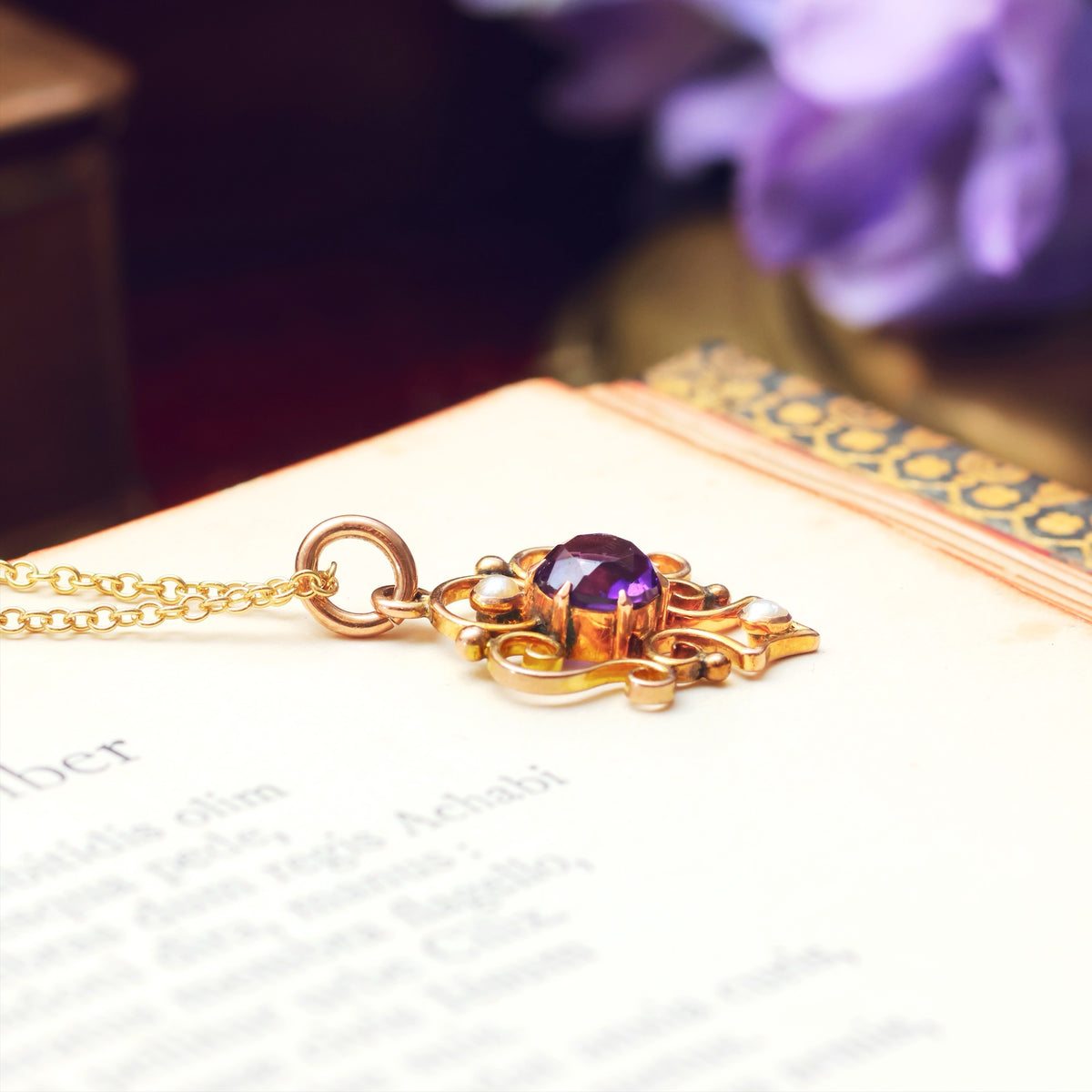 Vintage Amethyst & Seed Pearl Gold Pendant