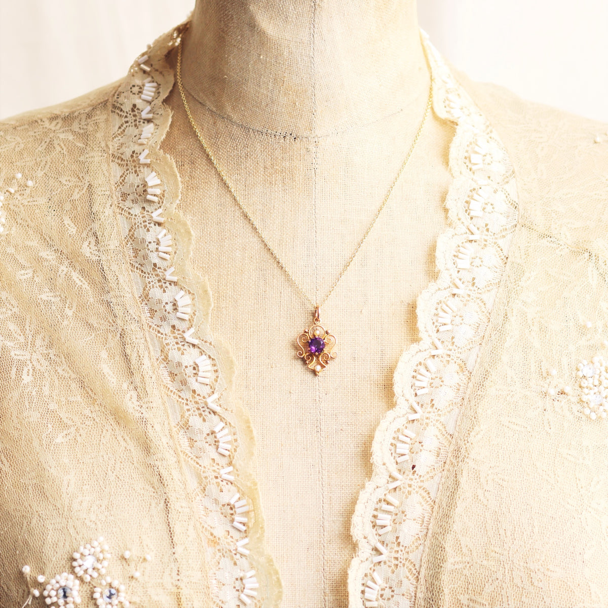 Vintage Amethyst & Seed Pearl Gold Pendant