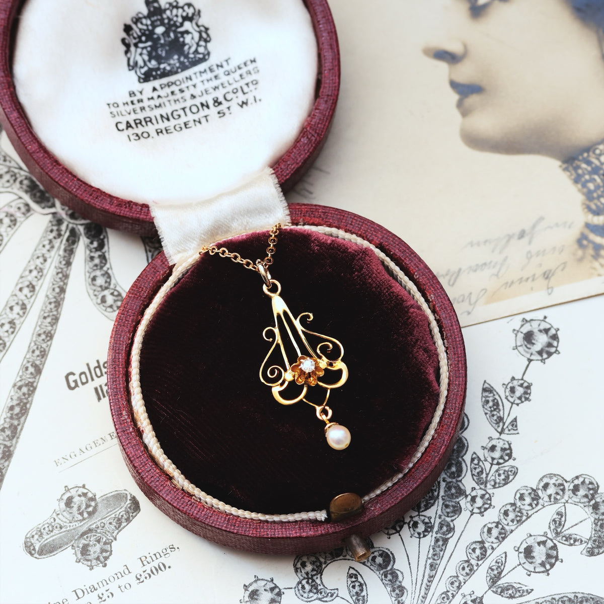 Matching Antique Diamond & Pearl Pendant & Earrings