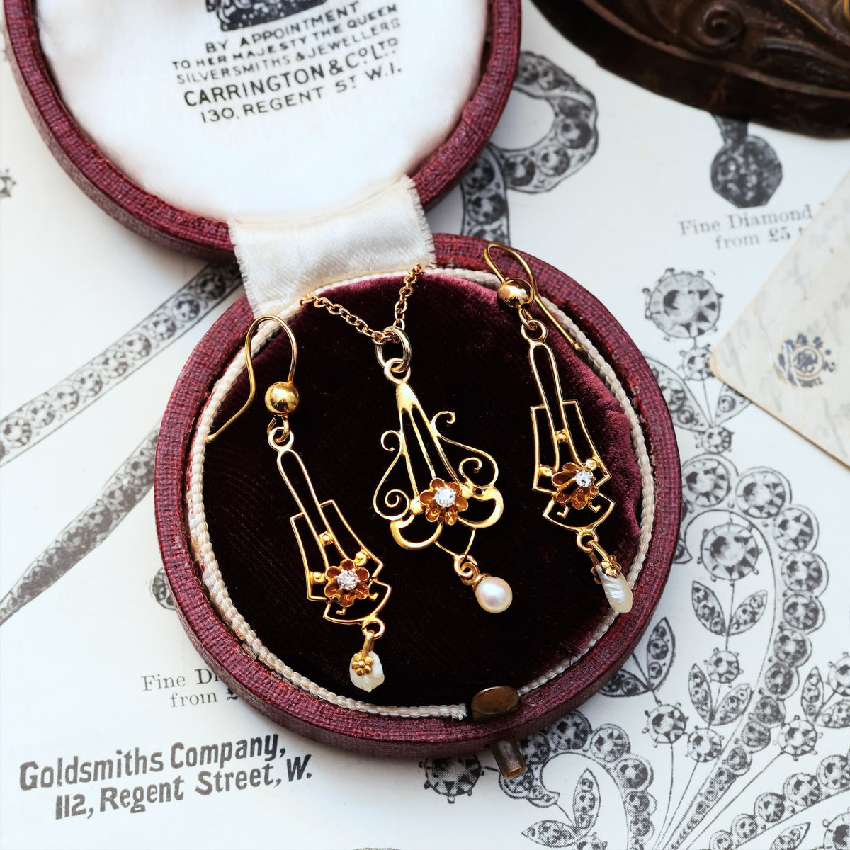 Matching Antique Diamond & Pearl Pendant & Earrings