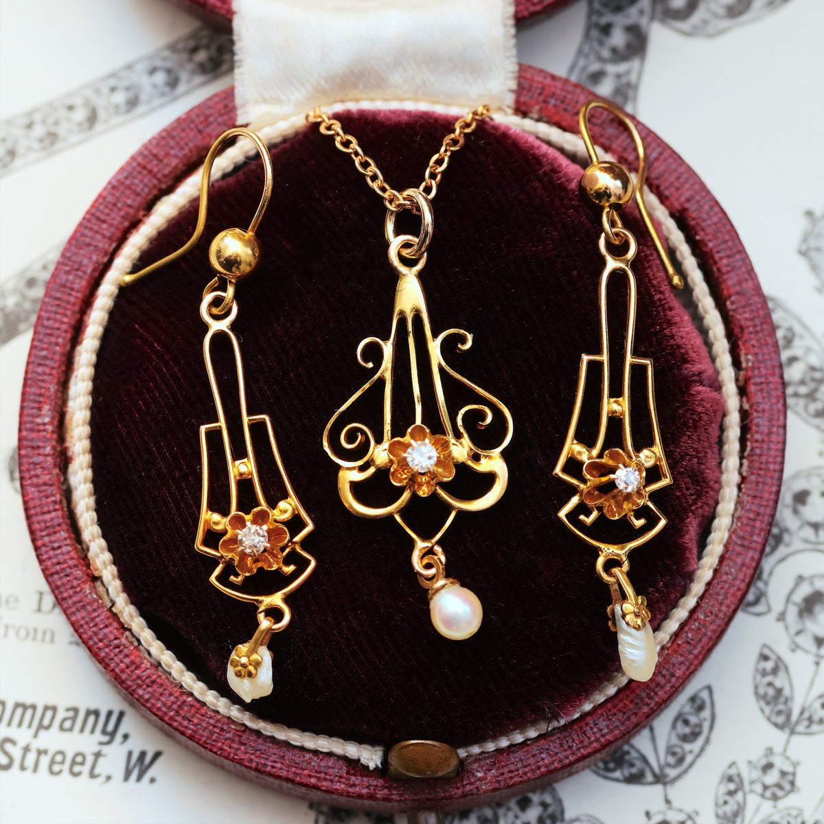 Matching Antique Diamond & Pearl Pendant & Earrings