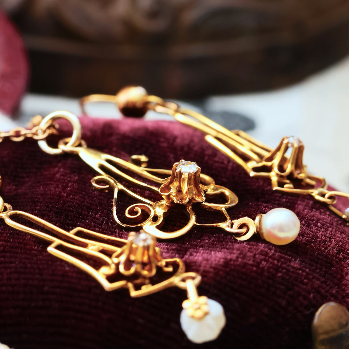 Matching Antique Diamond & Pearl Pendant & Earrings