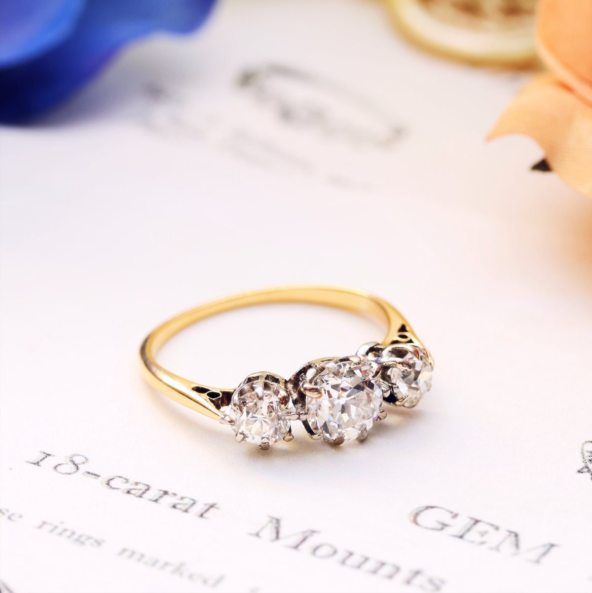 Vintage Hand Cut Diamond Trilogy Engagement Ring