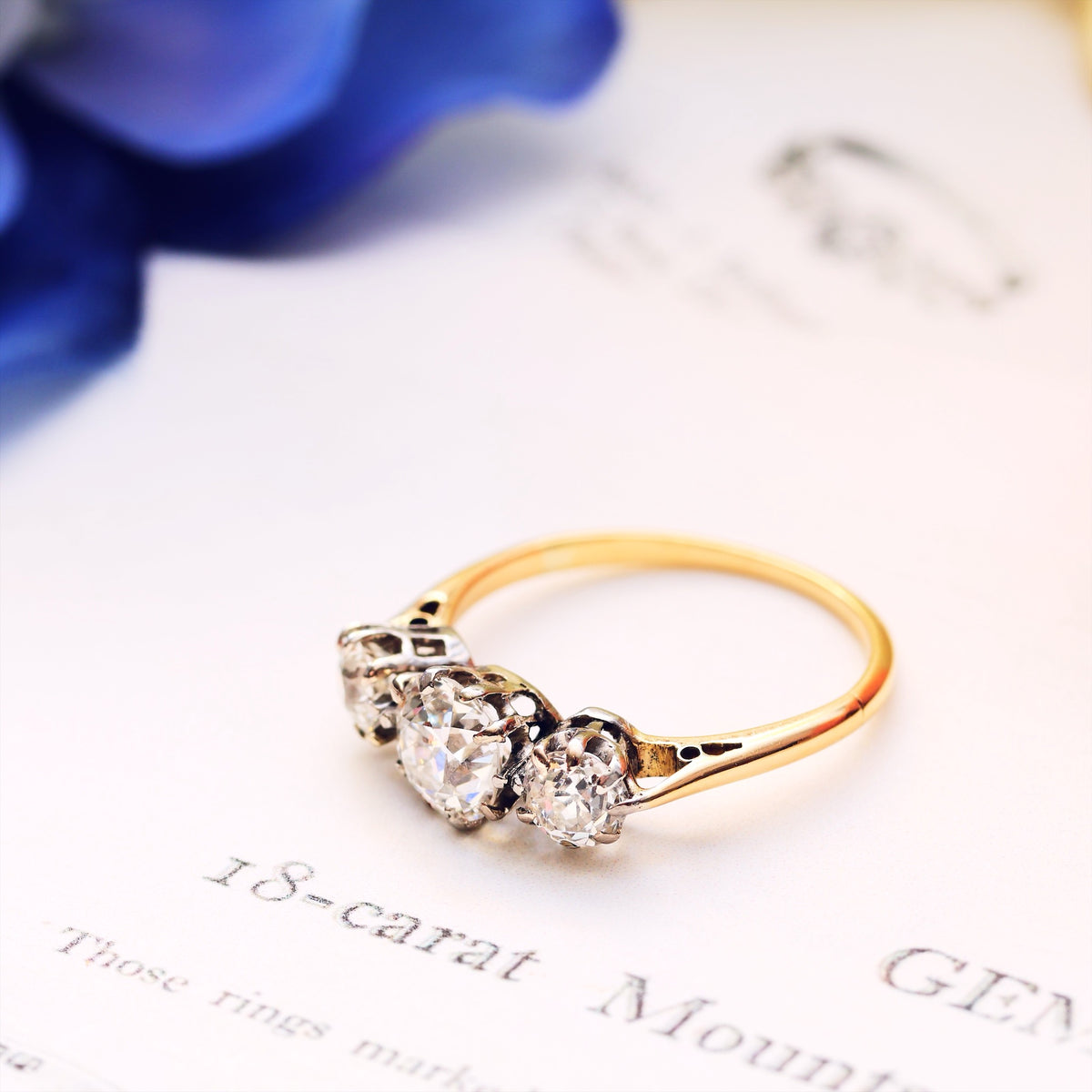 Vintage Hand Cut Diamond Trilogy Engagement Ring